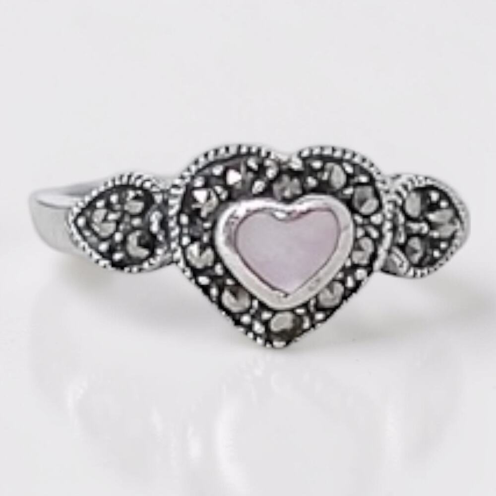 Sterling Silver 925 Pink Abalone Marcasite Heart Ring Vintage Size 6.5
